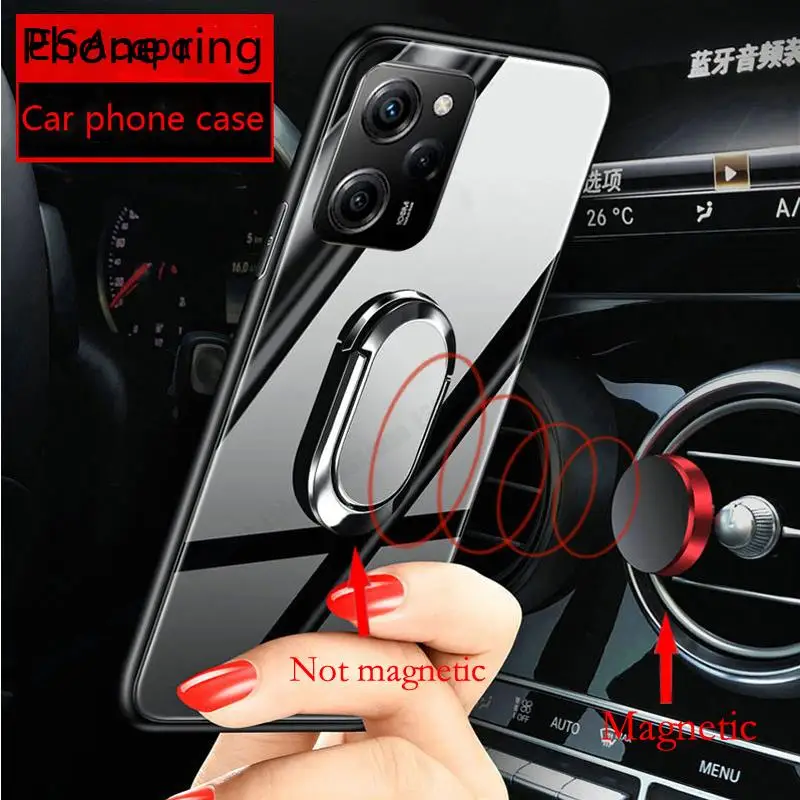 Magnetic Ring Holder Stand Shockproof Protective Phone Case with Tempered Glass Back Cover