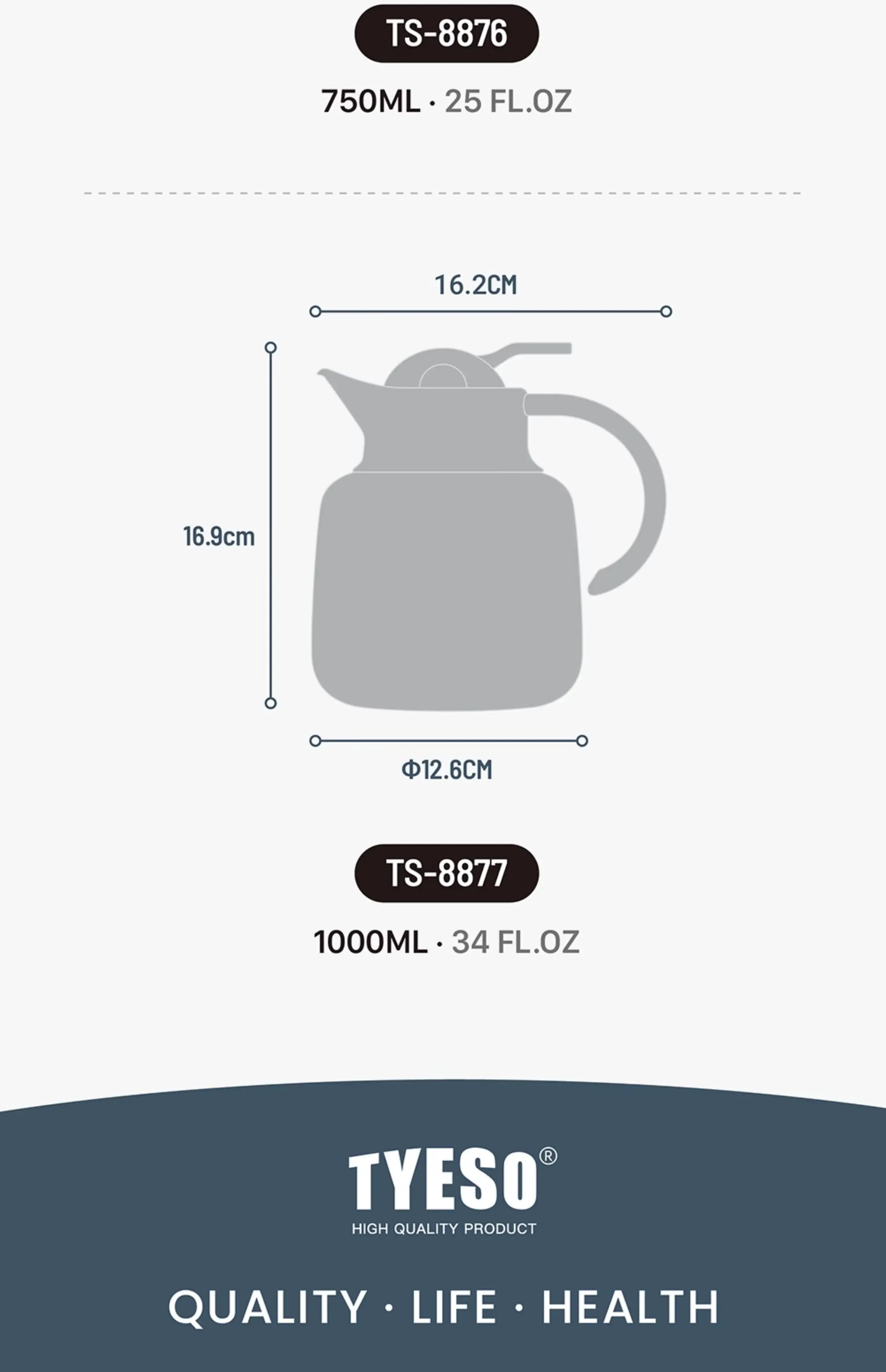 Tyeso Thermos Pot Insulated Stainless Steel Coffee Pot Suitable For Home /Office 1Liter