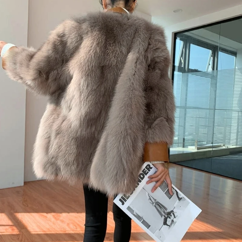 Winter Coat Women Korean Style Leather Patchwork Faux Fox  Fur Jacket Thick Office Lady V-Neck Midi-Length Fluffy Outwear Loose