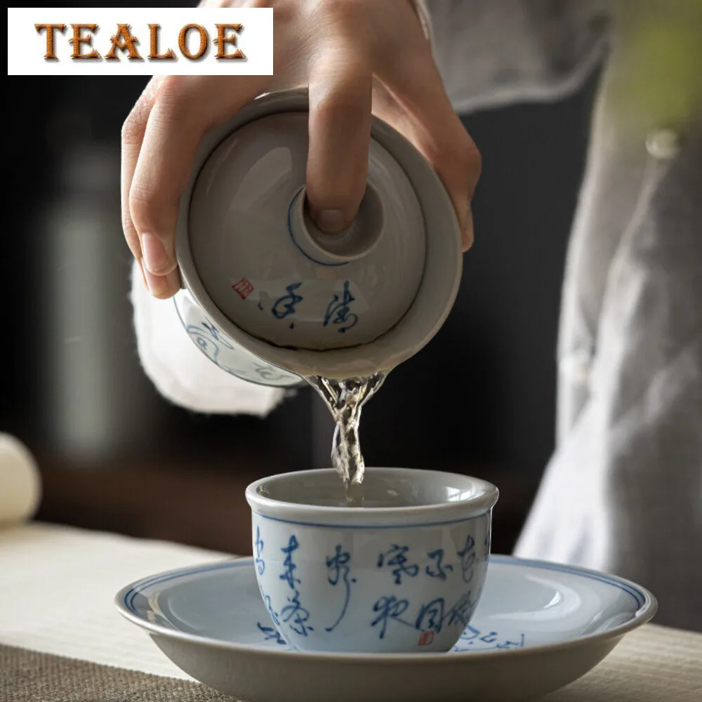 150ml Handpainted Poetry Gaiwan Household Blue and White Porcelain Cover Bowl Elegant Anti Scald Tea Tureen Tea Making Accessory
