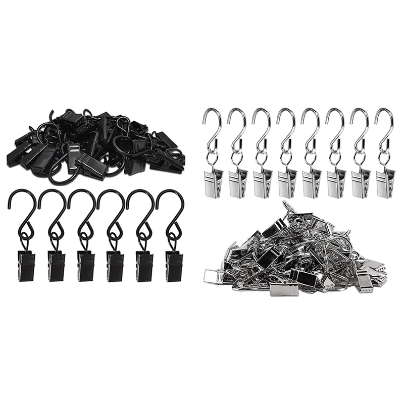 

200 Pack Curtain Clips Light Hanger Gutter Hooks Black & Silver Christmas Party Decor Supplies For Camp Tent Photo Display