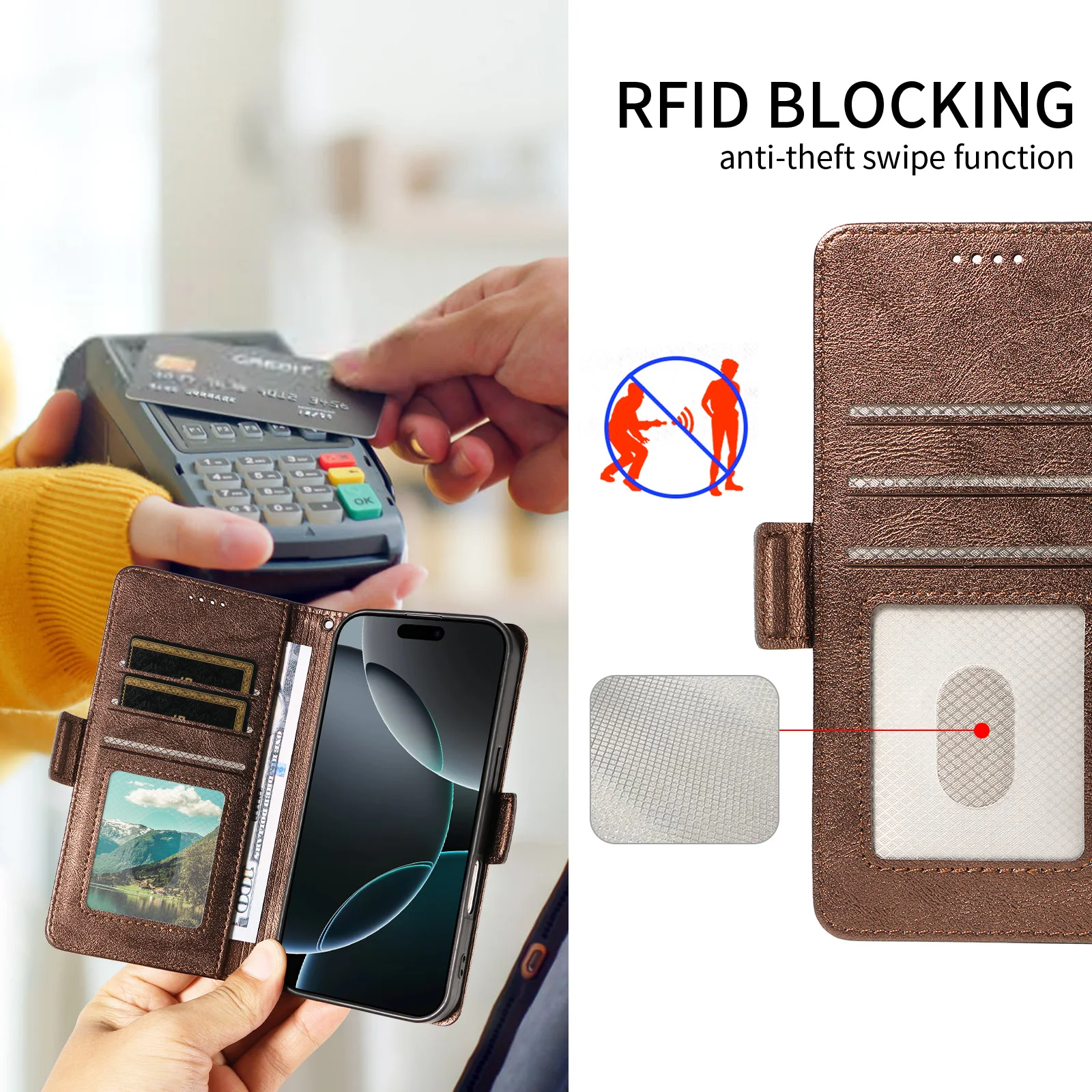 Leather RFID Flip Wallet Phone Case and Cover