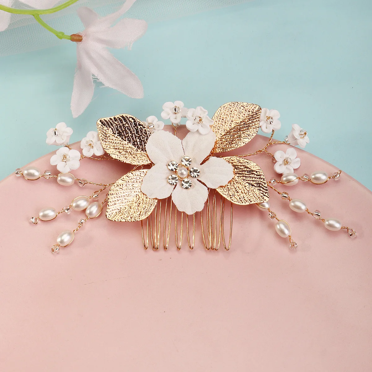Handmade Wedding Hair Comb Leaf Flower Bridal Hairpins Pearl Rhinestone Head Jewelry Girls Wedding Hair Accessories hair accessories,bridal hair accessories