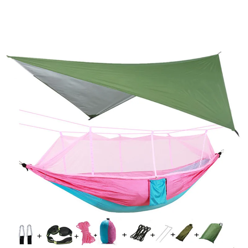 Portable Travel Hammock with Rain Fly Tarp,Outdoor Backpacking Hammock Tree Strap, Carabiner, Very Suitable for Camping Hiking 