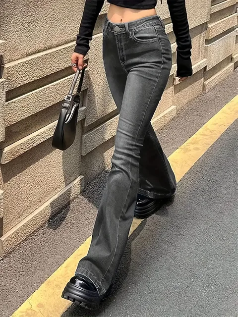 Jean évasé extensible pour femmes, moustache, mode, slim, bas de cloche, taille haute, pantalon en Denim gris, classique, Punk Y2K, Long 3