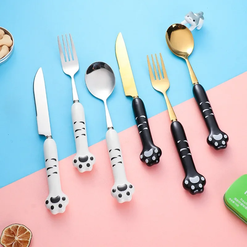 Stainless Steel Cute Cat Claw Tableware Spoon Fork Chopsticks Set
