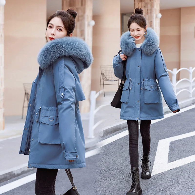 Winter Jacket New 2024 Korea Women Parka Clothes Long Wool Liner Hooded Jacket Fur Collar Thick Warm Distachable Puffer Coat