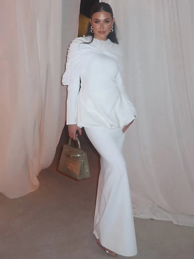 Nibber Elegant 2-Piece Set Women Folds Zipper Full Sleeve o-Neck Puffy Hem Tops+Simple Long Skirts Solid Fashion Banquet Suit