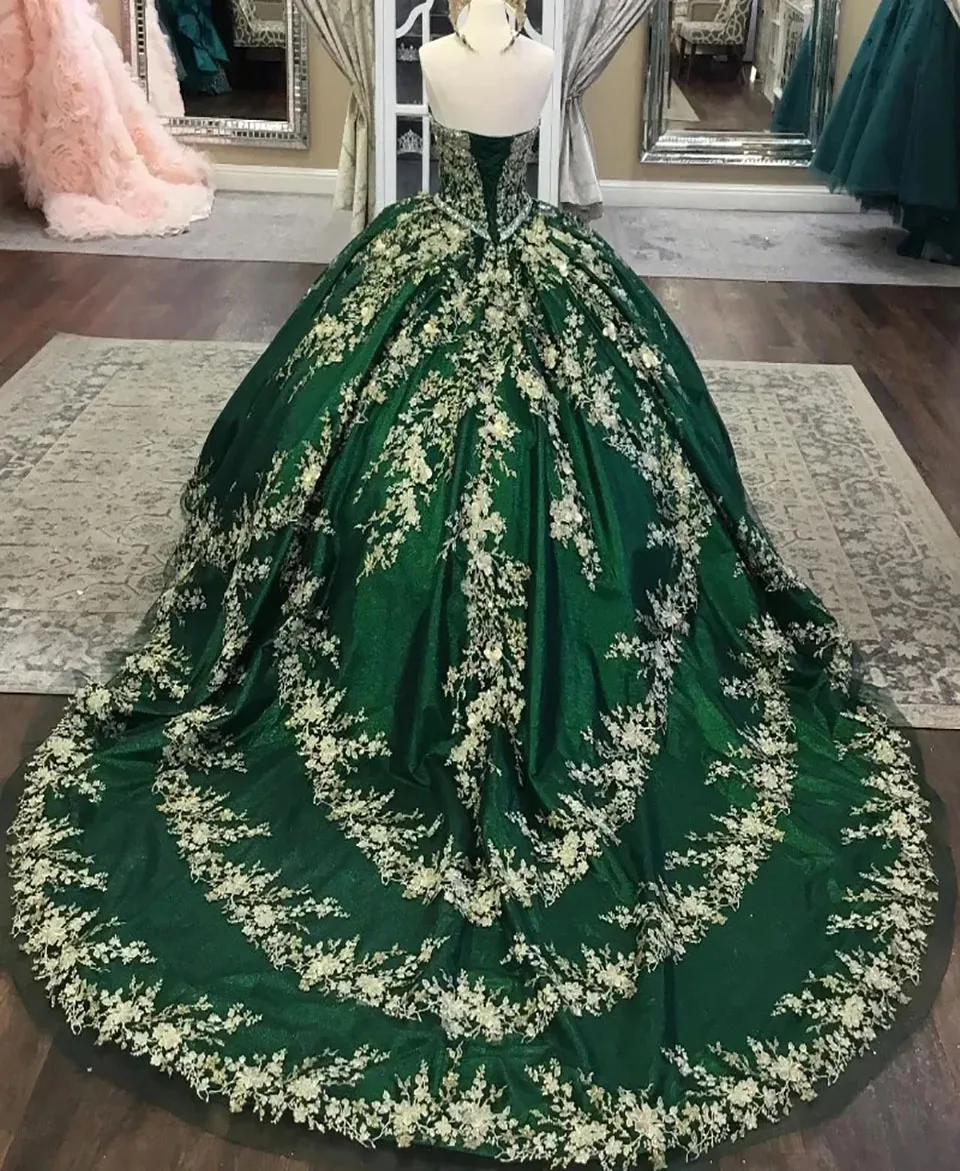 Quinceanera Dresses Dark Green Applique Custom Zipper Lace Up Plus Size Vestido De For Sweet 15 Sweetheart Sleeveless Tulle