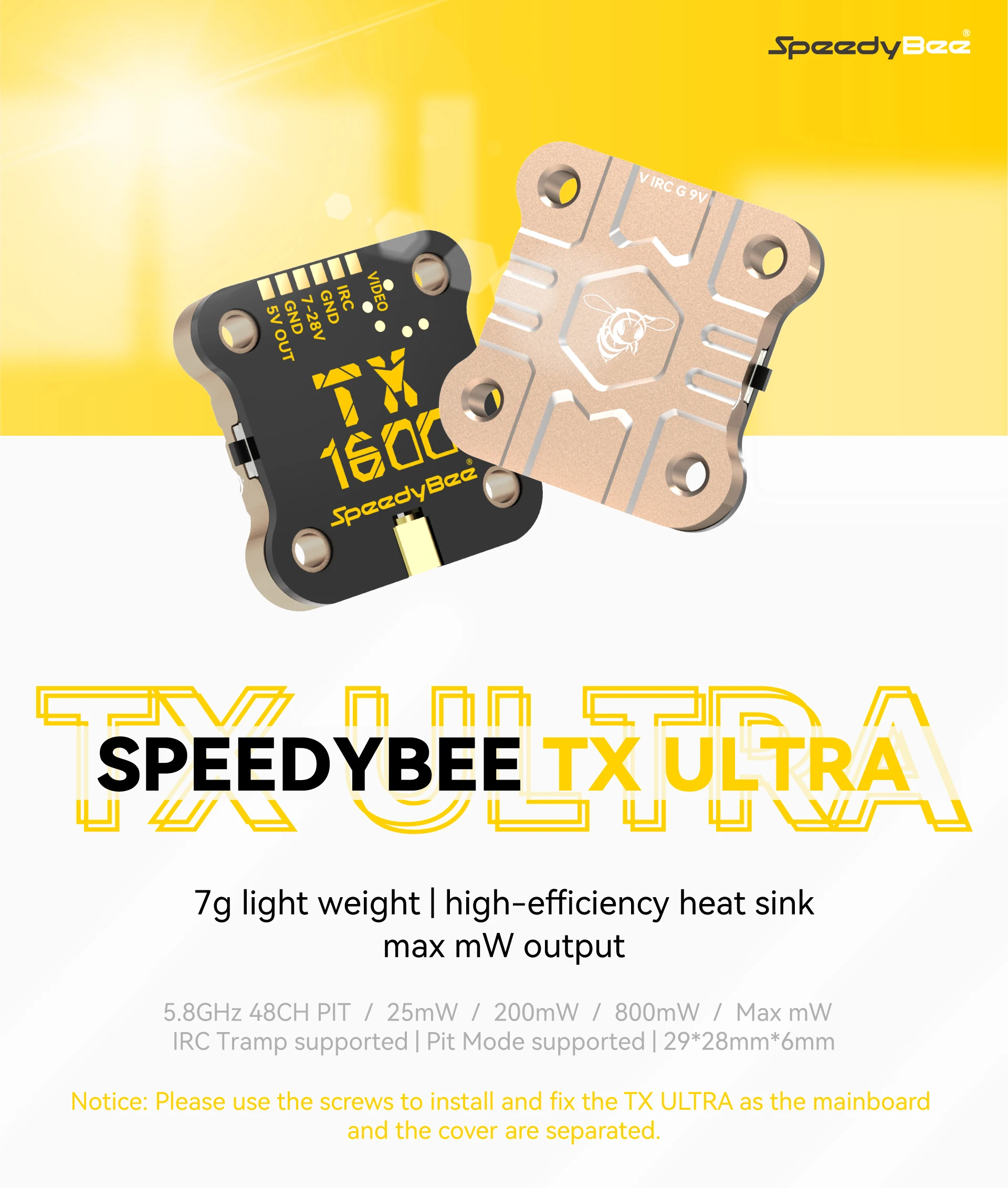 

Высокоэффективный радиатор SpeedyBee TX ULTRA TX1600 5,8 ГГц 48CH 1,6 Вт FPV VTX 2-6S LIPO 20x20 мм для Дронов дальнего радиуса действия
