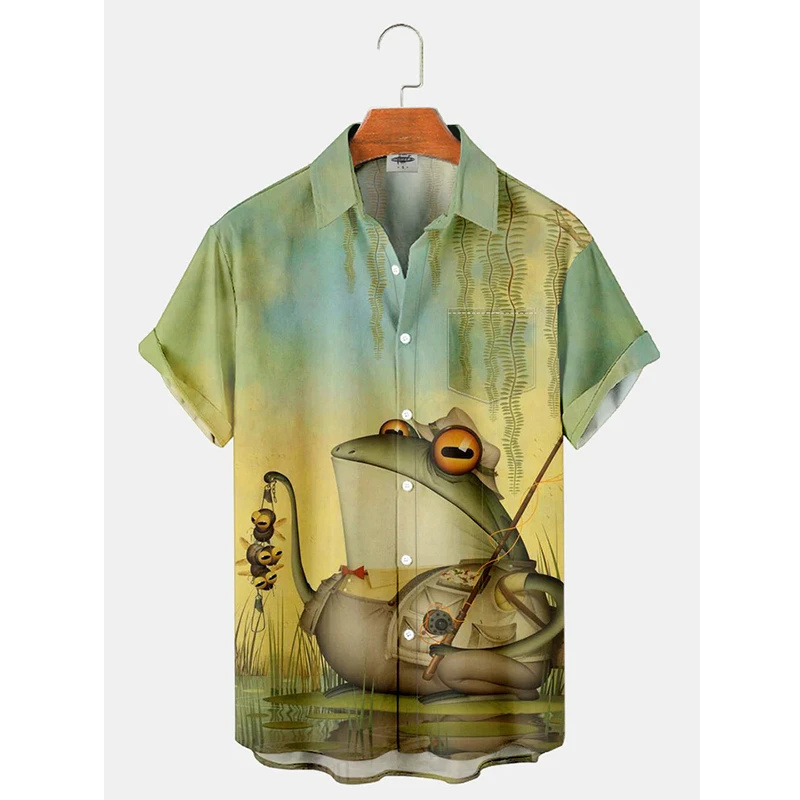 thumbnail image 1 of Camisa hawaiana divertida para hombre, estampado 3D de rana, blusa hawaiana de verano para playa, blusa informal de manga corta con solapa, ropa de calle para hombre, 1 of 5