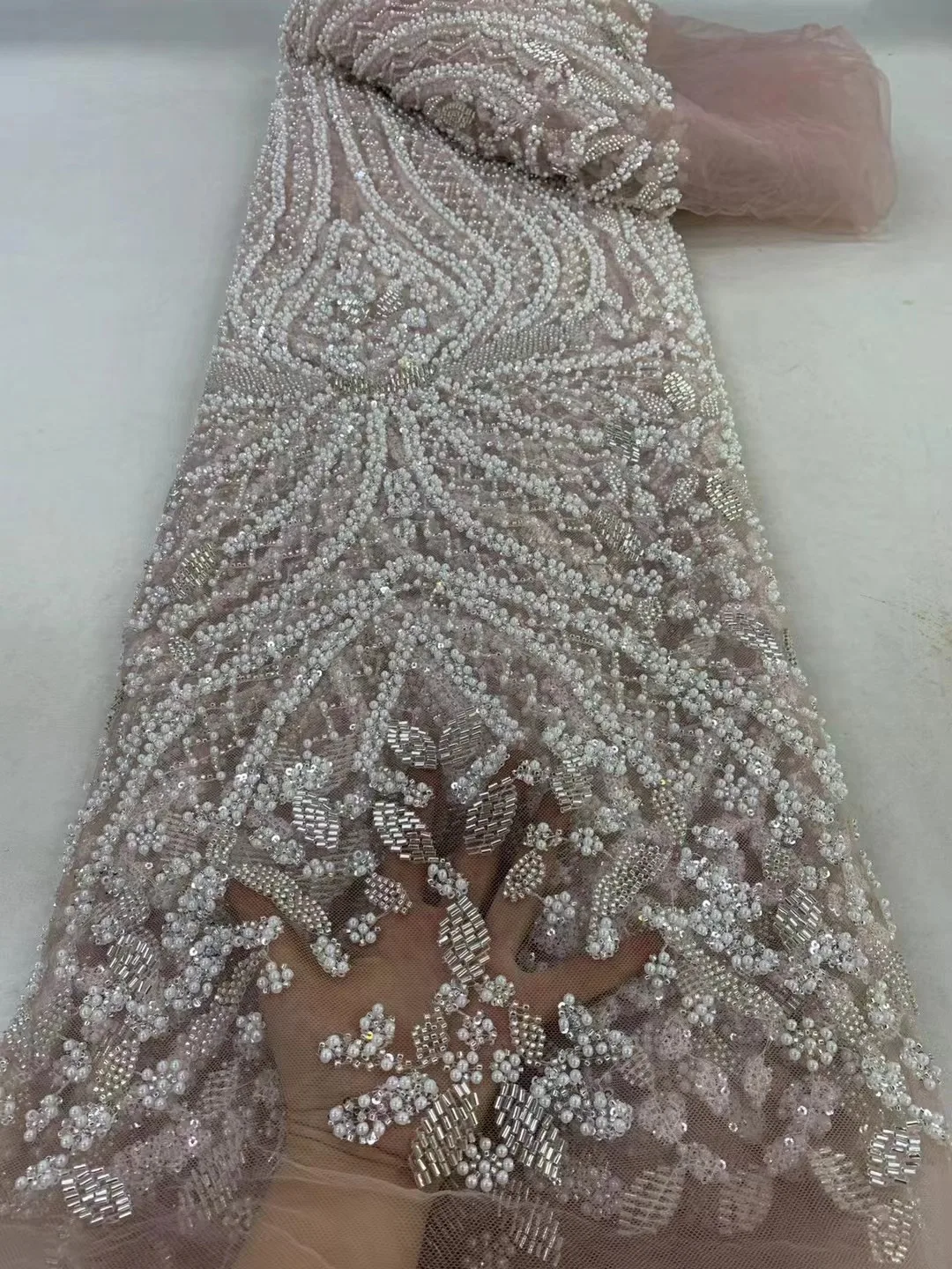 

Latest Nigerian Handmade Beaded Lace Fabric 2024 High Quality Sequins Beaded Embroidery African Lace Fabric For Sewing
