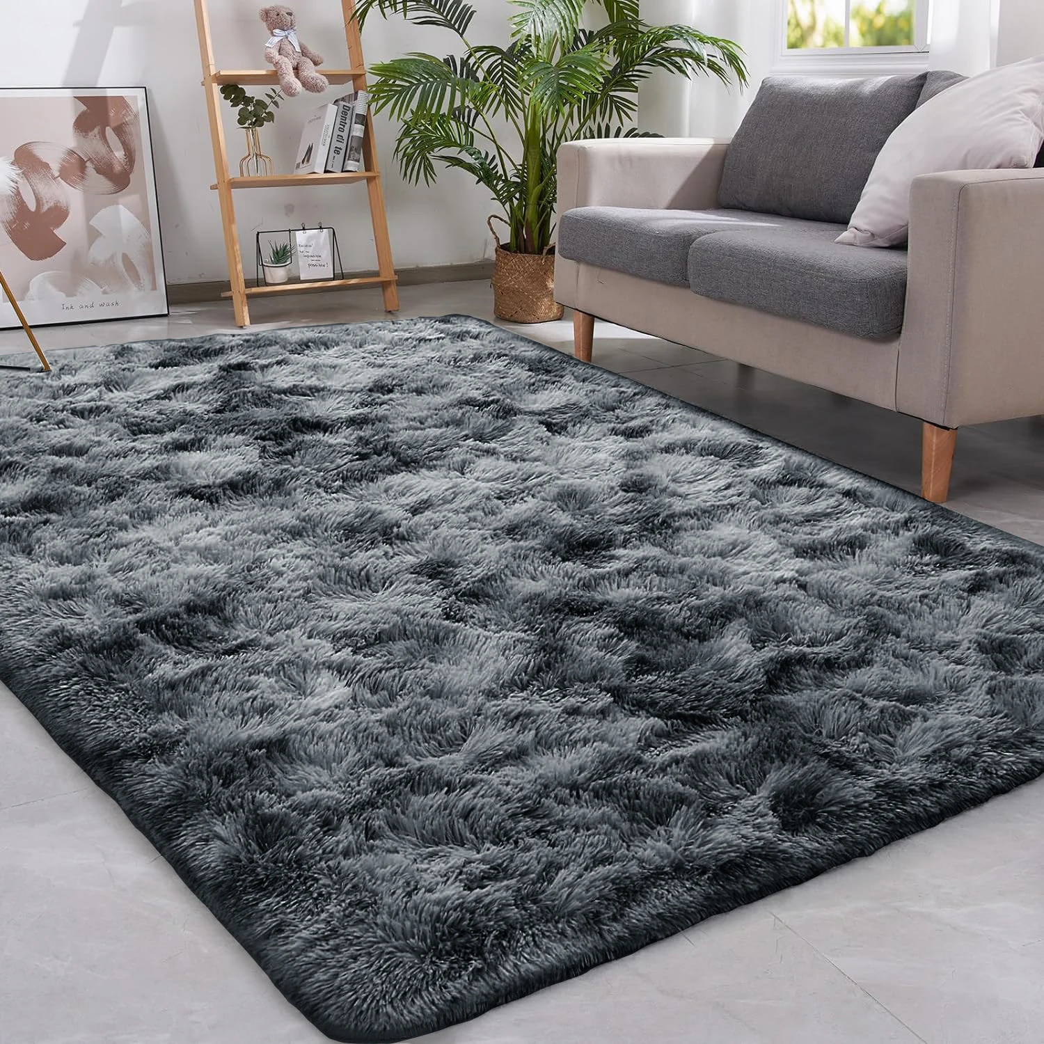 Tie Dyed Dark Gray Carpet Shaggy Rug view 1
