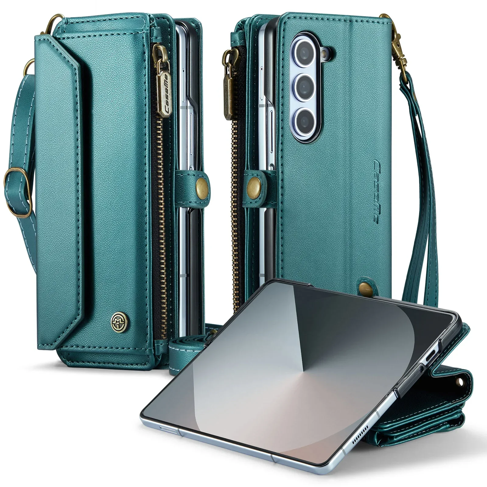 Crossbody Leather Wallet Phone Case with Stand and Shockproof Magsafe Flip Cover, featuring Lanyard Wristband.