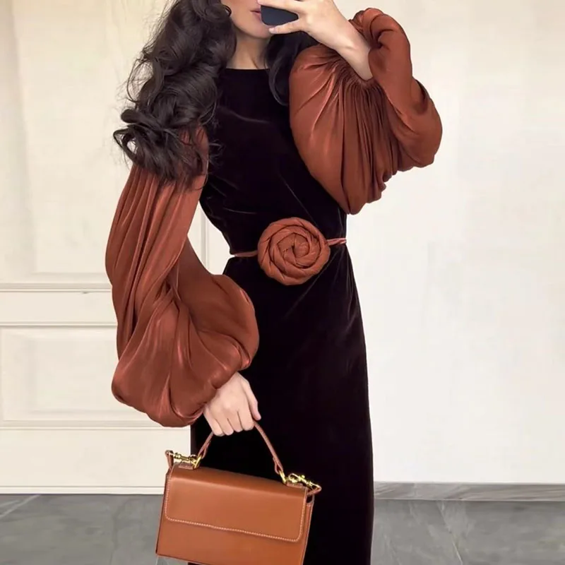 

Luxury Women Slim Rose Belt Party Dress Club Elegant Patchwork Lantern Sleeve Female Gala Dress New Fashion O-Neck Evening Dress