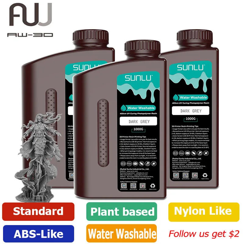 

SUNLU ABS-Like/Standard/Water Washable/Nylon Like Resin 3D Resin 1KG/2KG/3KG UV 3D Printer Resin for LCD/DLP/SLA 3D Printer