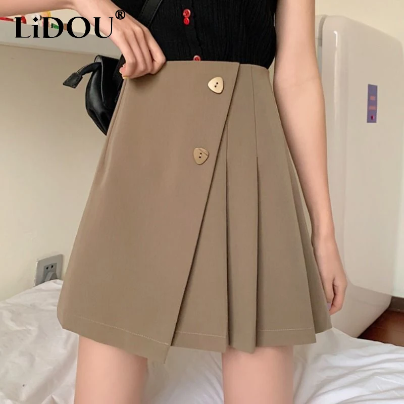 2023 Summer New Solid Color High Waist Pleated Skirt Women Korean Style Asymmetrical Button Fashion Elegant Casual A-line Skirt