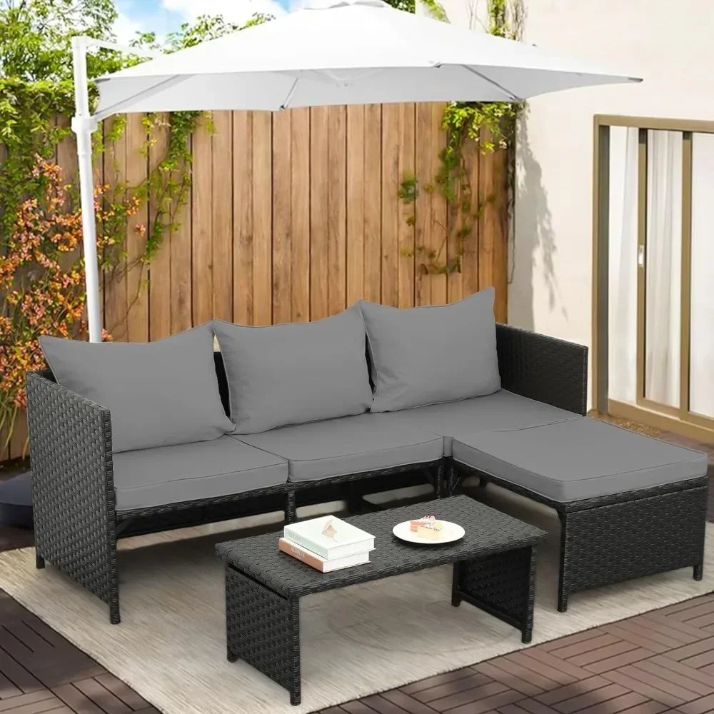 

3-Piece Outdoor PE Rattan Furniture Set Patio Black Wicker Conversation Loveseat Sofa Sectional Couch Gray Cushion Garden Sofas