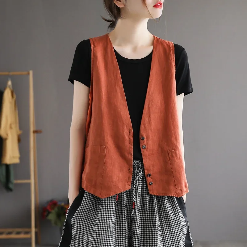 Vintage Cotton Vest Spring Summer Sleeveless Jacket Chic Korean Women Coat Buttons Outerwear Cardigan Plus Size