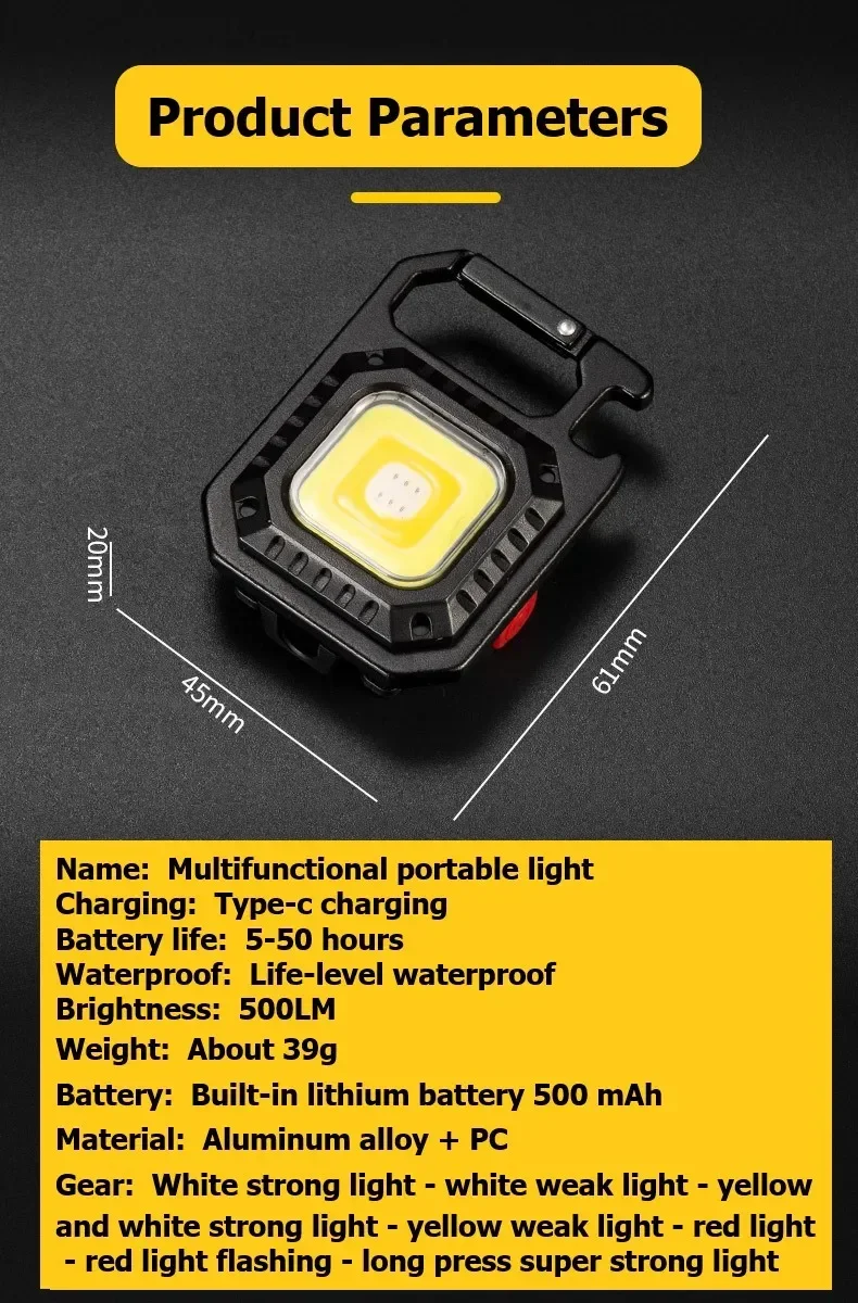 Portable Mini LED Flashlight USB C Rechargeable Keychain Light Multifunctional Work Light Outdoor Camping Lantern Fishing Torch