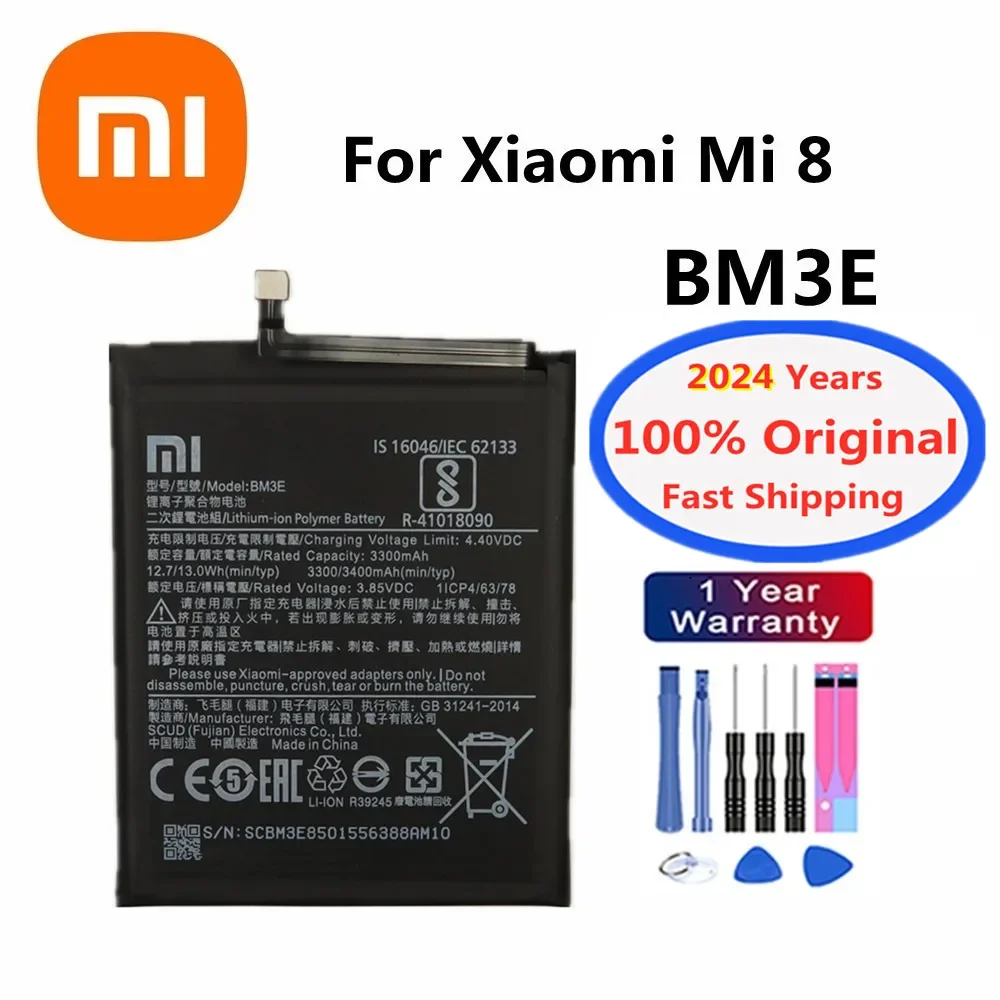 

2024 Years Xiao Mi Original Phone Battery BM3E For Xiaomi Mi 8 Mi8 M8 M 8 3400mAh High Capacity Replacement Battery + Tools