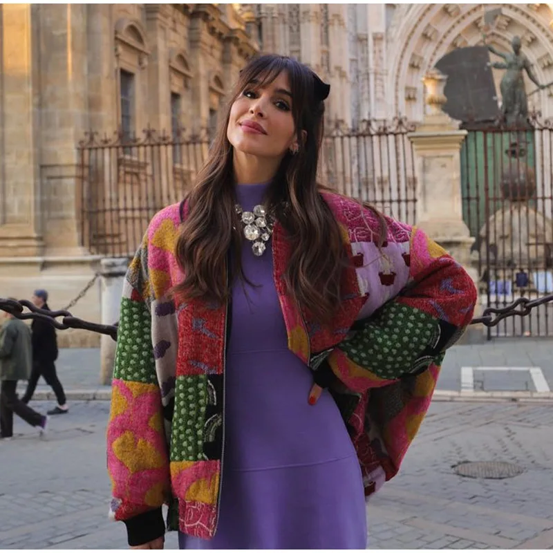 

Женская хлопковая куртка с контрастным принтом, Повседневная Свободная куртка на молнии с длинным рукавом, верхняя одежда в стиле пэчворк на осень-зиму 2023, w807