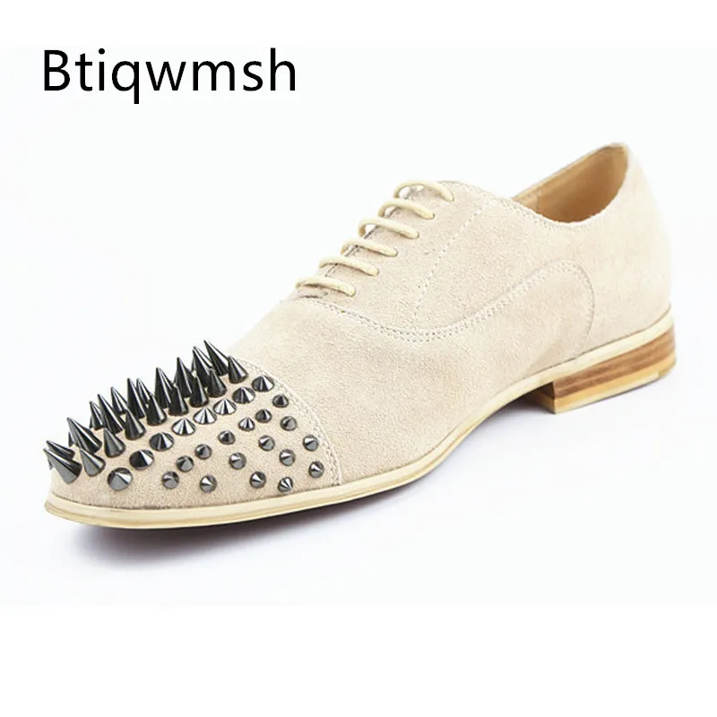 

Nude Suede Spiked Shoes Man Pointed Toe Rivet Leather Patchwork Lace Up Flat Shoes Male