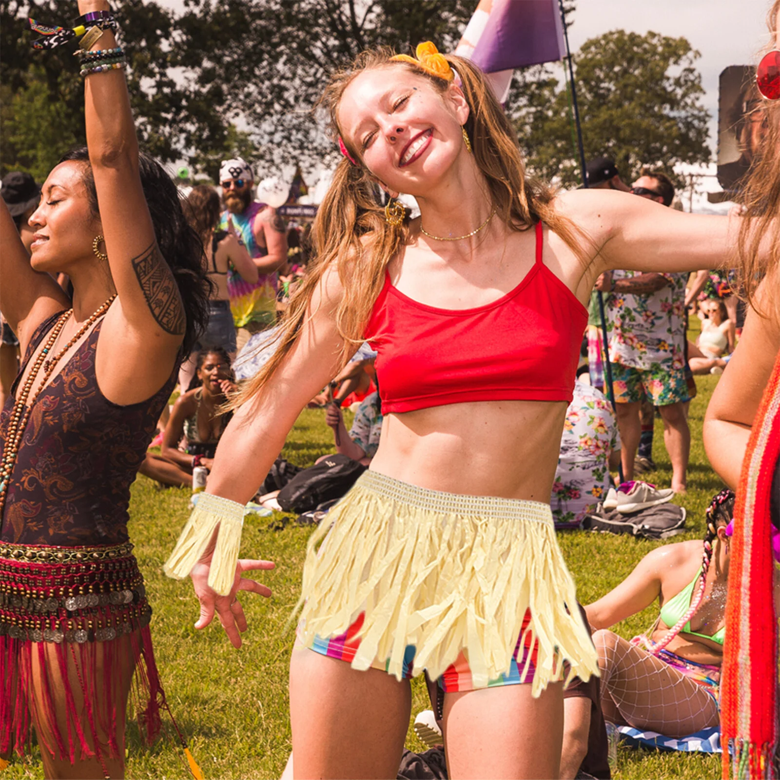 

Hawaiian Dressan Straw Skirt Five-Piece Suit Imitation Raffia Paper Men Women Stage Performance Dress Up Tassel Props Costume