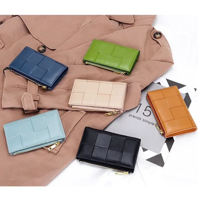 Sheepskin Card Holder Wallet New Multifunctional Women Business Card Organizer Case Box Coin Purse Woven Leather Cardbag