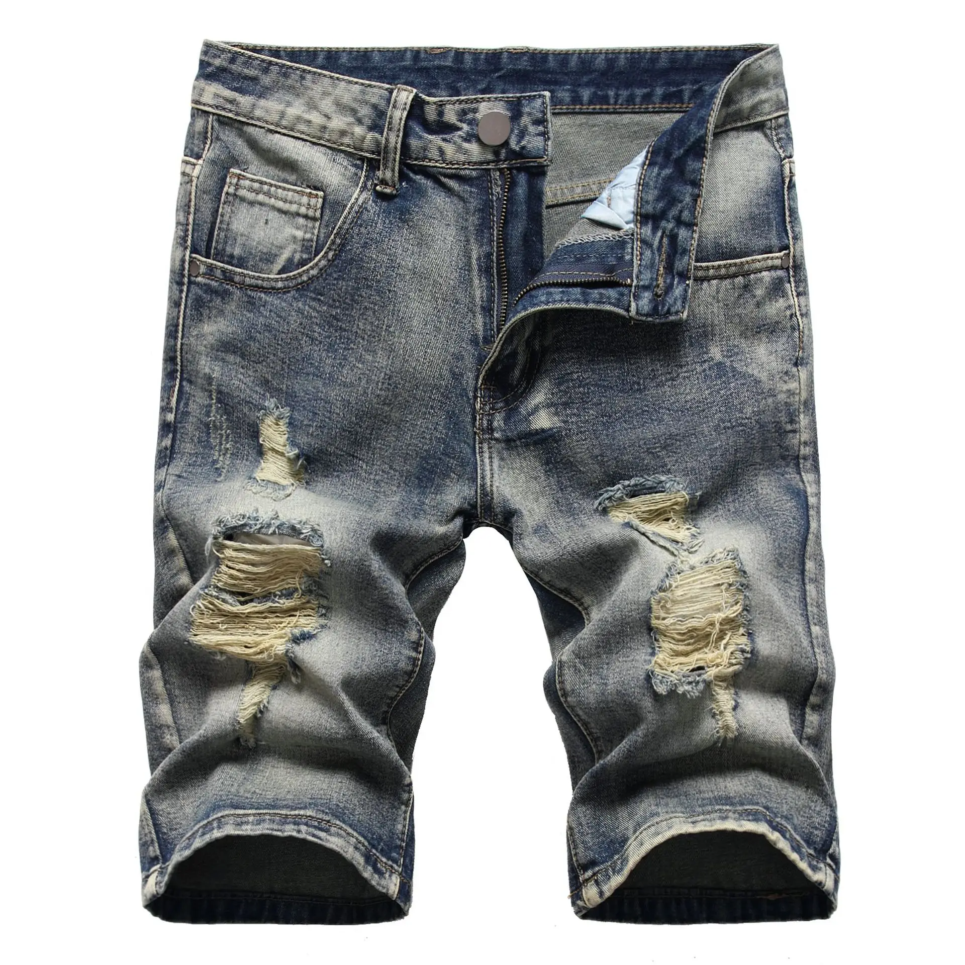 Holes Denims Men Distressed Ripped Pockets Skateboarding Knee Length Pants Washed Mid Waist Straight Jeans Streetwear