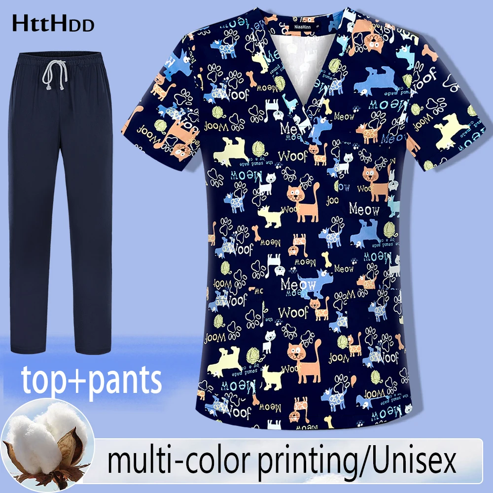 

Униформа с мультяшным принтом для мужчин, женщин, стоматологов, Спецодежда для медсестер, матовая униформа, медицинские аксессуары, набор скрабов для женщин