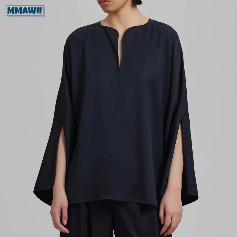 

MMAWII 2024 Spring Summer OL Black Women's Loose Long Sleeve Top Elegant V-neck Slit Sleeve Shirt Women's Fashion Smock
