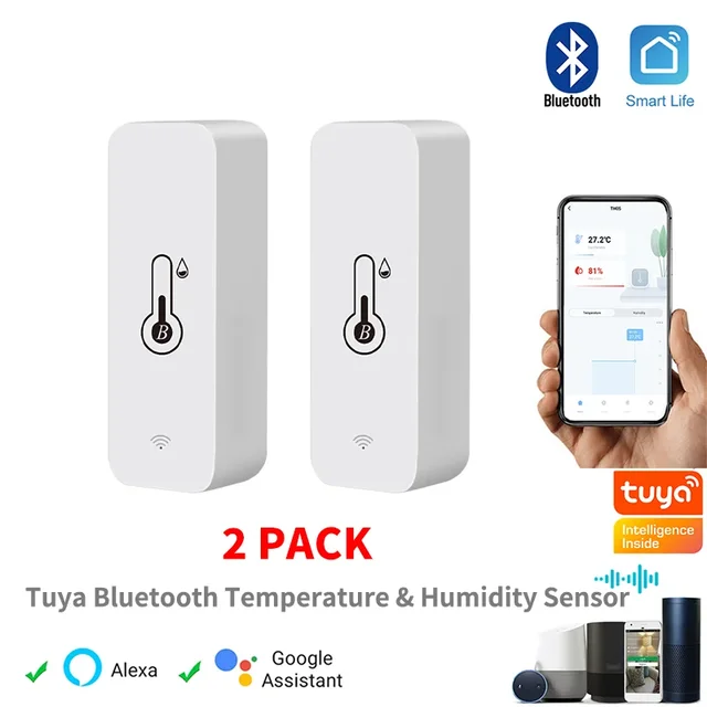 Tuya-Mini Capteur de Température et d'Humidité Sans Fil, Compatible Bluetooth, Télécommande, Therye.com, Hygromètre, 2 Paquets 1