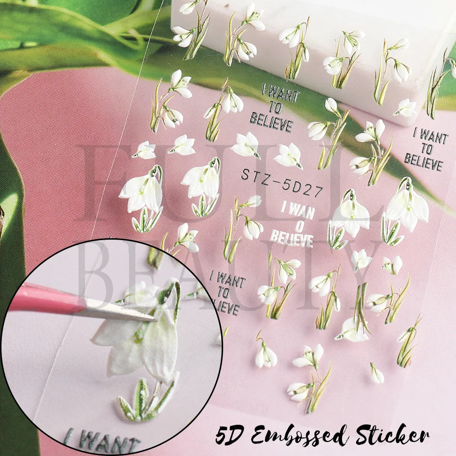 5D Snowdrop Embossed Nail Polish Stickers Tulip Campanula Flowers Charms Decal Elegant Floral Textured Manicure Acrylic Wraps