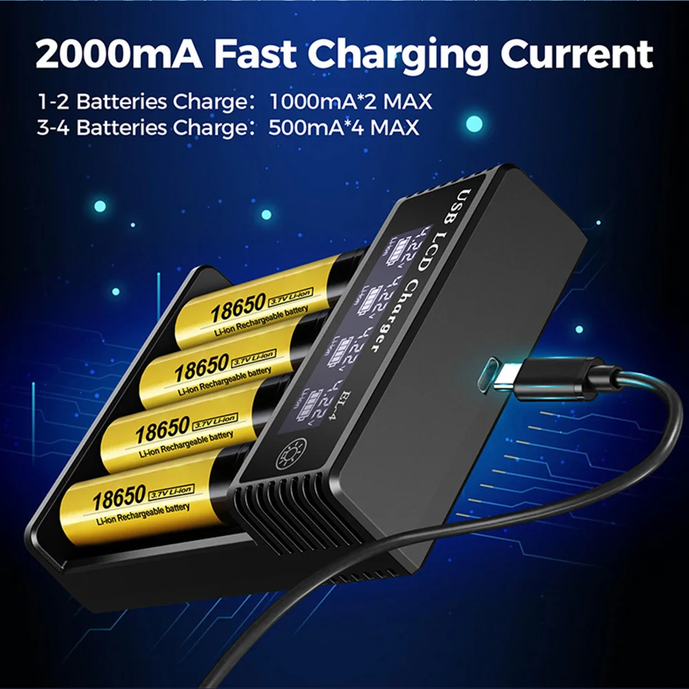 Chargeur de batterie multiport USB intelligent pour piles rechargeables, vue arrière avec spécifications techniques