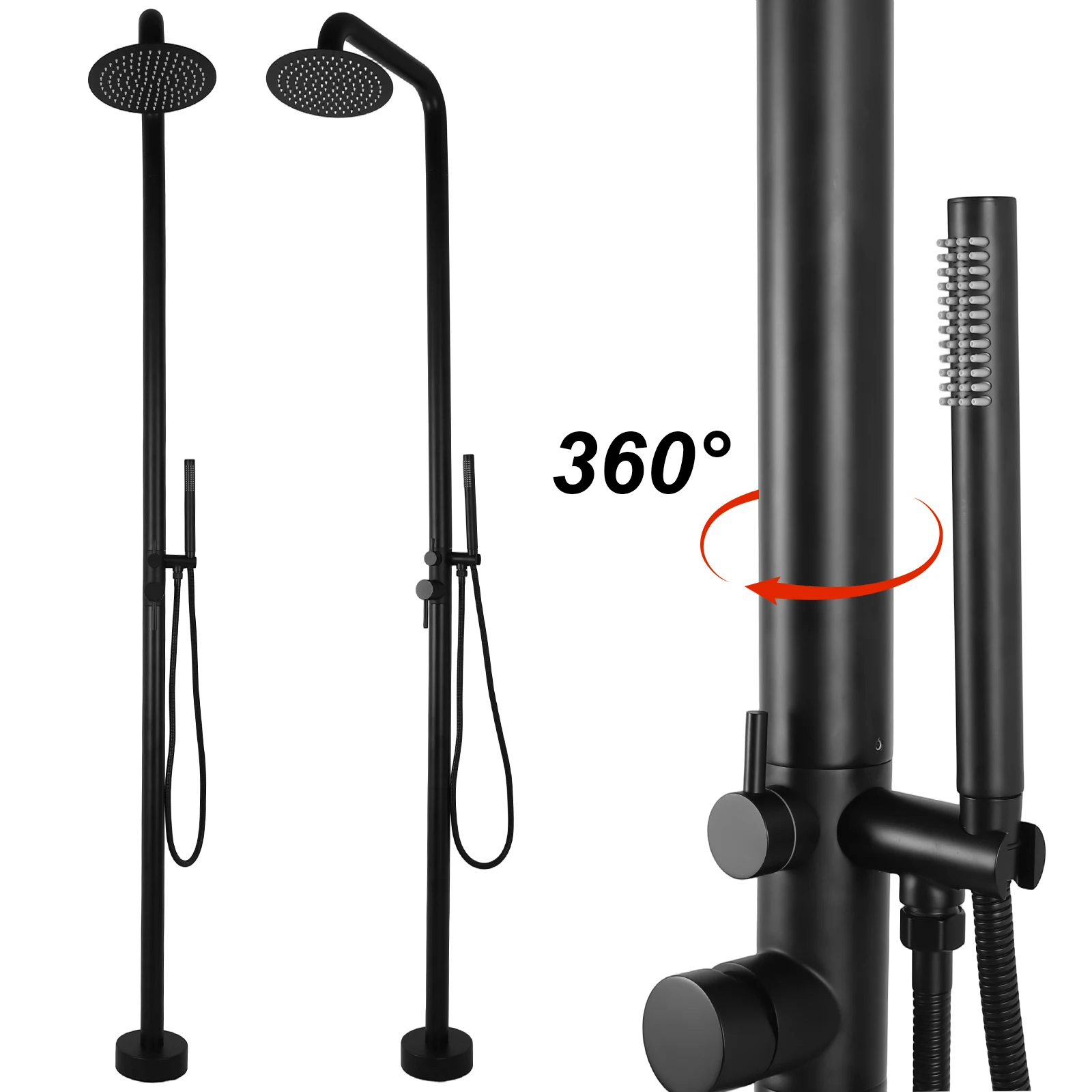 2-Function Height Adjustable Outside Showers Floor Mounted Matte Black Shower Kit with Showerhead for Yard Beach Poolside Garden