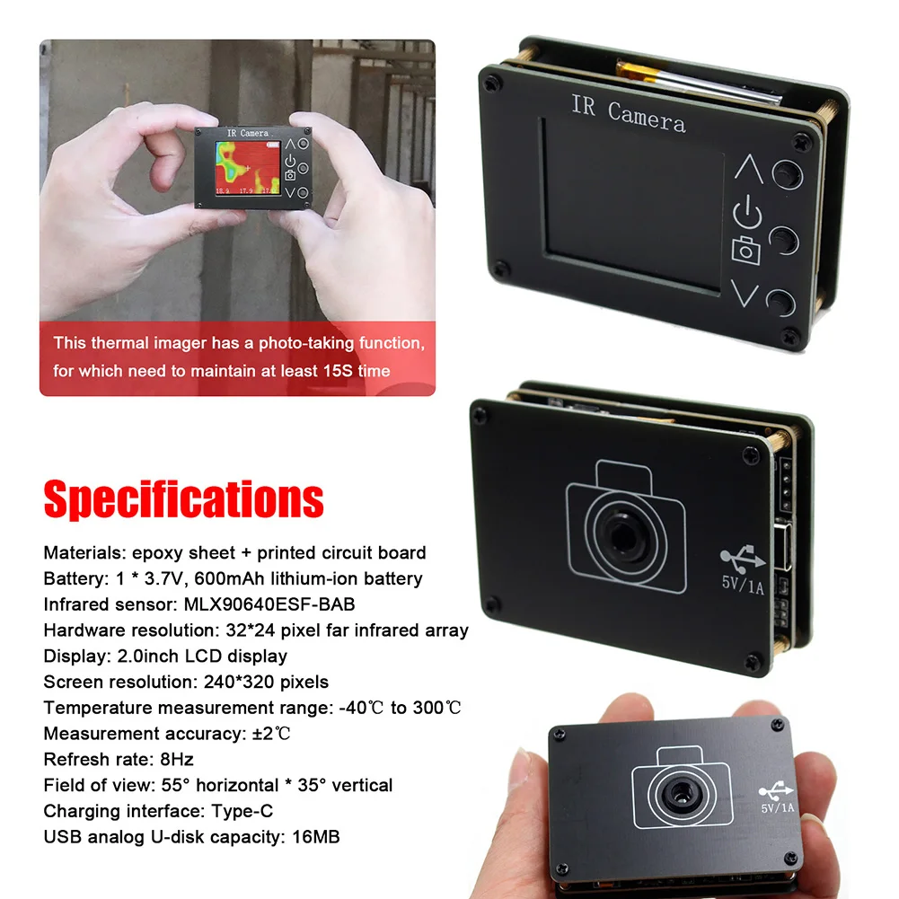MLX90640 1.8/2.8/3.4inch Thermal Imager Infrared Sensor LCD 160*120 Resolution -40℃ to 300℃ Clear Definition Imaging Camera