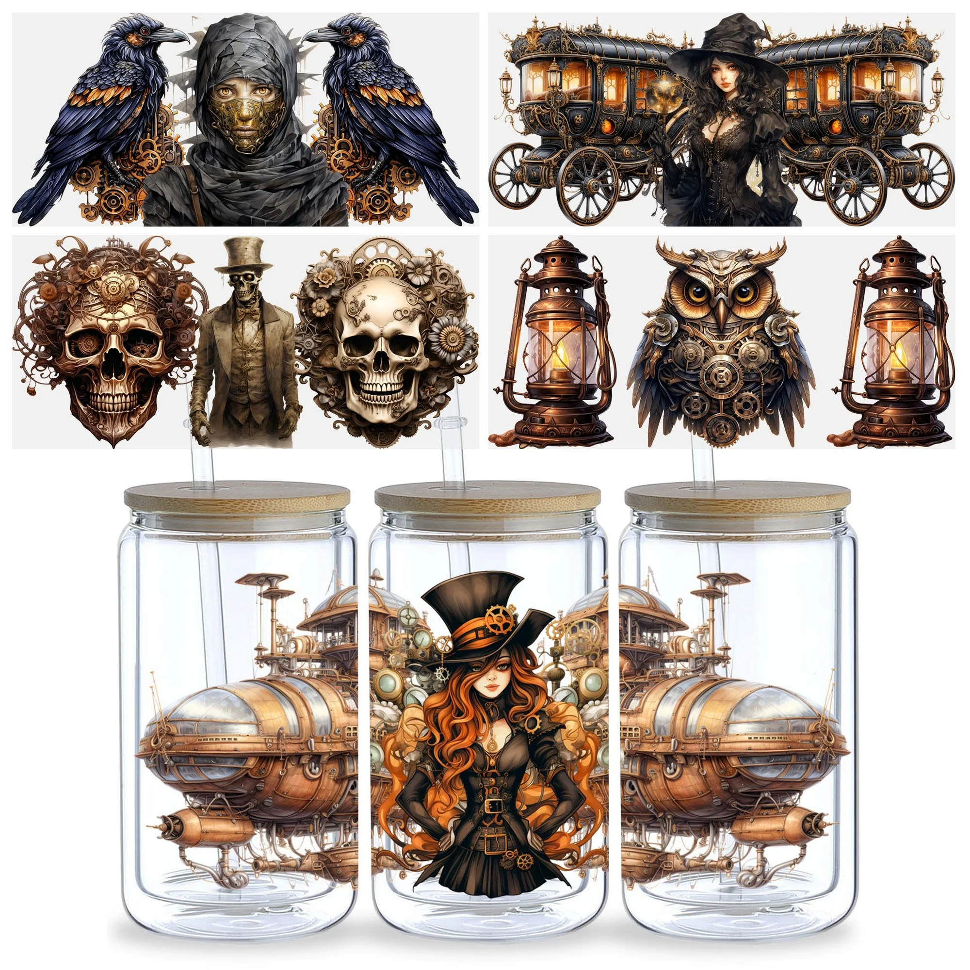 Halloween Steampunk UV DTF cup stickers waterproof steampunk style wipe transfer paper 5 sheets suitable for 16 oz glass