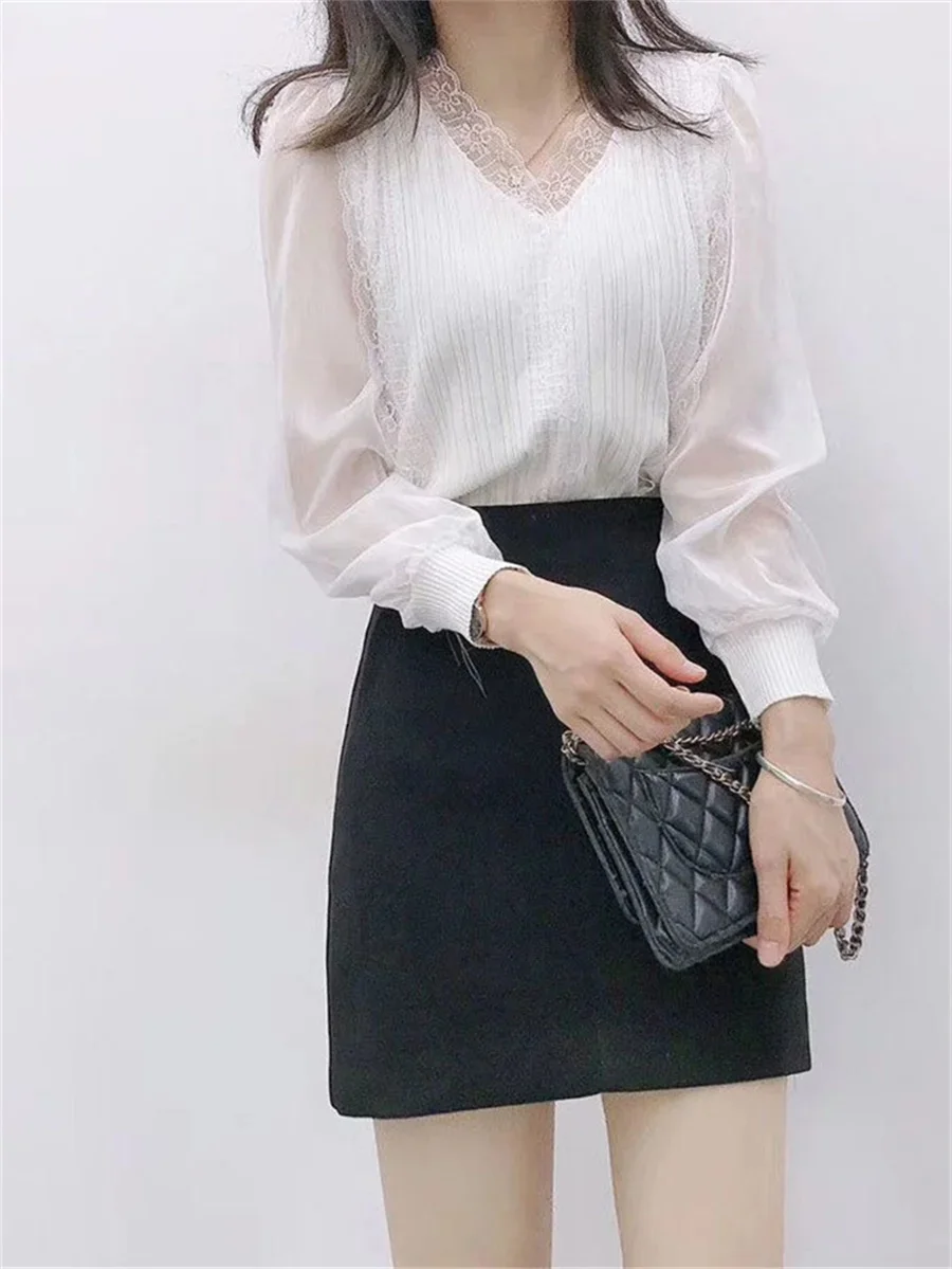 Blusas de mujer estilo primavera otoño, blusas casuales de manga larga con cuello en V y encaje DF4452
