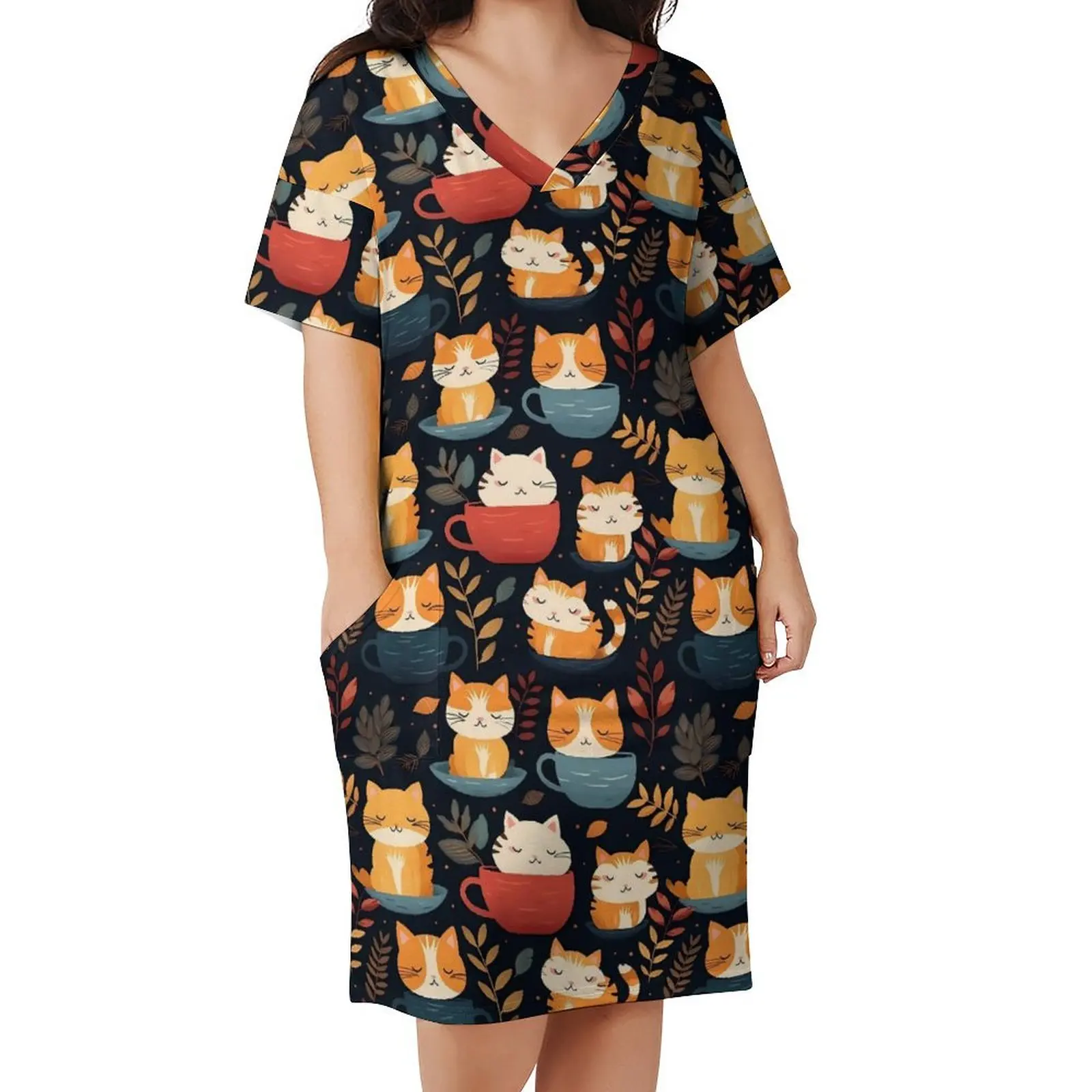 

Magic Cats In Mugs Casual Dress Summer Cute Animal Kawaii Dresses Female Short Sleeve Graphic Street Style Dress Large Size