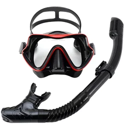 Enhanced Panoramic Snorkeling Set - Professional Tempered Glass Mask and Snorkel Kit (Black-Red)
