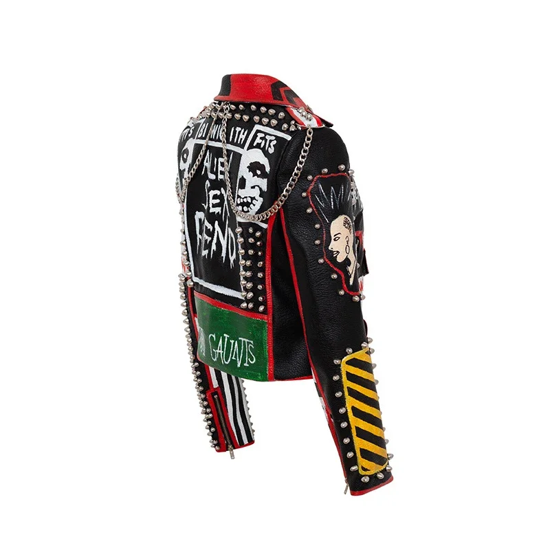 Rock Punk Motorcycle Leather Jacket Women 2024 Trend Metal Rivets Streetwear Graffiti  Print Faux Leather Cropped Jacket S-XXXL