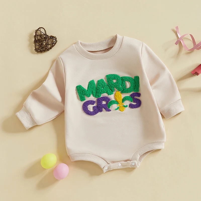 Baby Girl Boy Mardi Gras Outfit Long Sleeve Mardi Gras Letter Print Romper Oversized Sweatshirt Newborn Bodysuit 4
