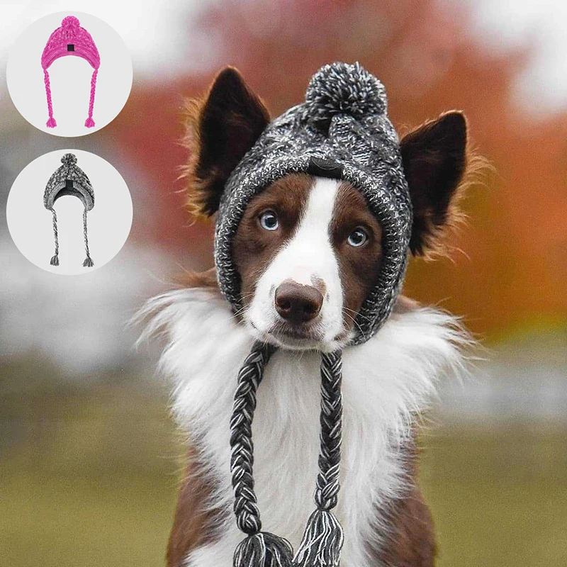 

Winter Warm Dog Hats Windproof Soft Knitting Hat Ear Holes with Fluffy Ball for Dogs and Cats French Bulldog Hat Puppy Supplies