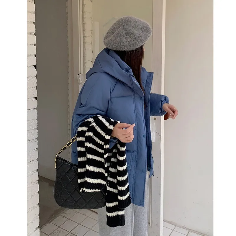 

2023 New Arrival Winter Korean Style Women Loose Casual Thickening Warmth Long Sleeve Hooded Collar Single Breasted Coat V771