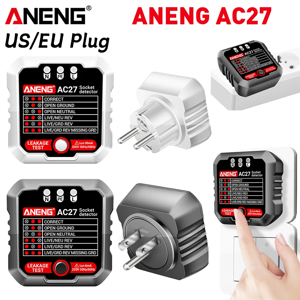 ANENG AC27 Smart Socket Tester EU/US Plug Polarity Phase Check Voltage Detector Test Electroscope Meter Circuit Breaker Finders