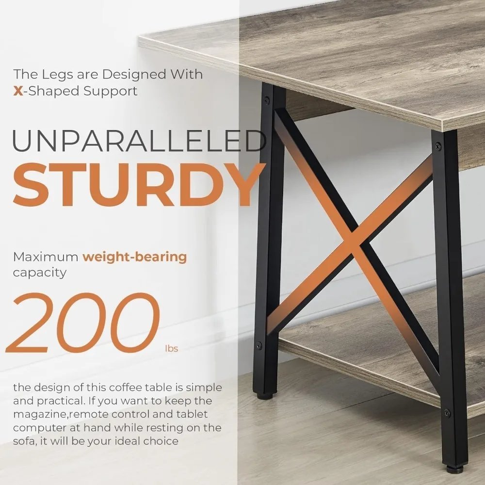 Coffee Table with Storage, 39inch Modern 2-Tier Coffee Tables for Living Room, X-Frame Design Farmhouse Coffee Table Space 4