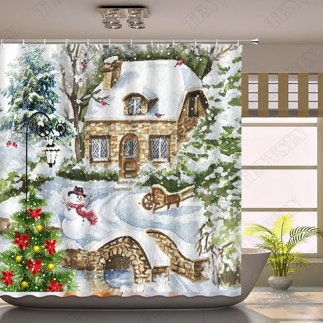 Cortina de chuveiro Wamika de Natal xadrez vermelho neve floco de neve  poliéster impermeável, textura de malha vermelha preta para banheiro com  ganchos 152 cm L x 182 cm A