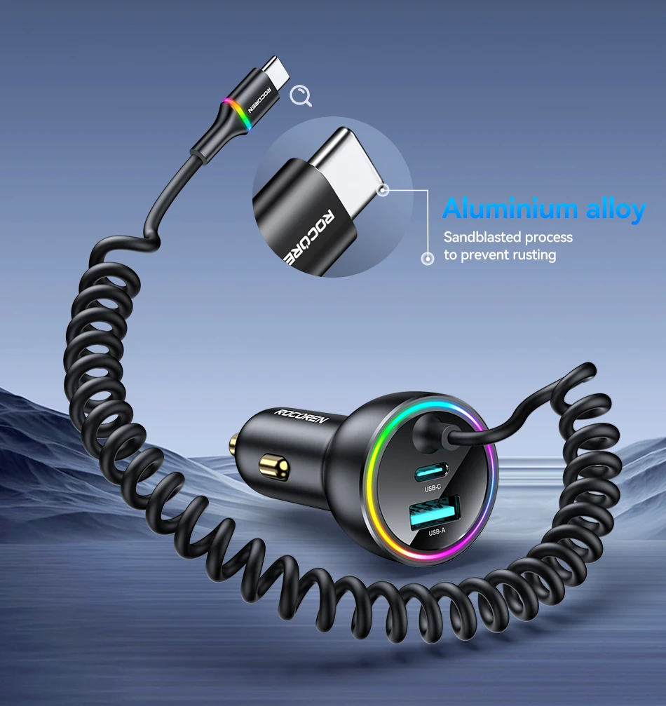 S85f1eb9b5aee49bbbf4fa350cefbd95aY Rocoren Chargeur de Voiture 70W USB-C avec Câble LED