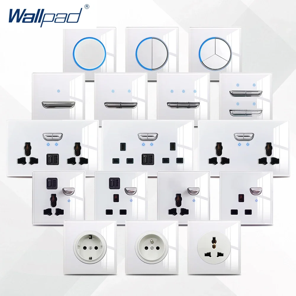 Modern Round Button Wall Switch White Glass EU French UK BS Double Electrical Socket with USB A+C WALLPAD